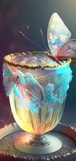 Butterfly perched on glowing ornate cup in a mystical setting.