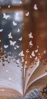 Open book with butterflies flying in a magical scene.