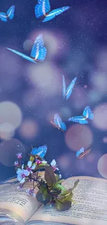 Magical butterflies rise from an open book against a deep blue background.