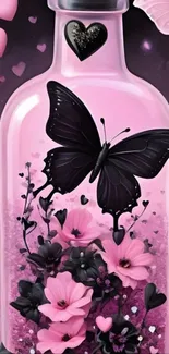 Enchanting pink bottle with butterfly and flowers.