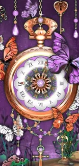 Vintage clock with colorful butterflies and a purple background.