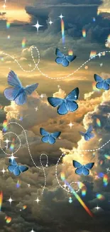 Blue butterflies flutter in a dreamy cloud and rainbow sky scene.