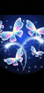 Colorful butterflies on a blue fantasy background, glowing enchantingly.