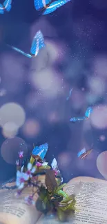 Blue butterflies flutter over an open book with flowers, set against a dreamy bokeh background.