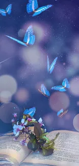 Magical blue butterflies emerge from an open book with a dreamy background.