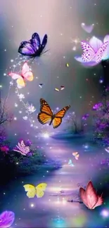 Enchanted butterflies in a magical, colorful landscape with flowers.