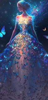 Fantasy lady in butterfly dress with vibrant colors and a magical glow.