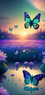 Enchanting butterflies and serene landscape mobile wallpaper.