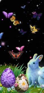 Fantasy wallpaper with butterflies, glowing rabbits, and flowers under a starry sky.