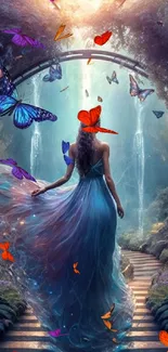 Fantasy scene with woman and butterflies in a magical forest setting.