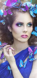 Woman surrounded by blue butterflies in a magical, enchanting scene.