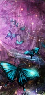 Enchanting wallpaper with blue butterflies and purple hues.