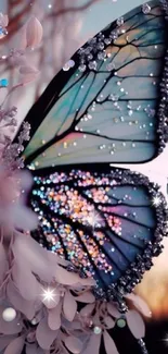 Fantasy butterfly with glittering wings on an ethereal mobile wallpaper.