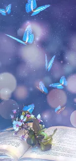 Blue butterflies soar above an open book in a fantasy-themed mobile wallpaper.