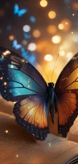 Enchanting butterfly with glowing wings on a book in a magical, sparkling scene.