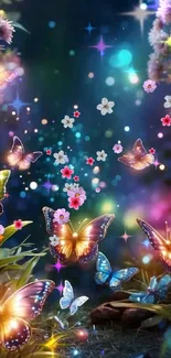 Beautiful digital art of colorful butterflies in a fantasy nature setting.