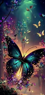 Fantasy butterfly with glowing colors in magical scenery.