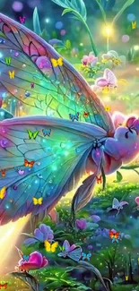 Fantasy butterfly art with colorful flowers and glowing light.