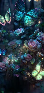 Fantasy wallpaper with glowing butterflies and roses in a mystical forest.