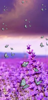 Butterflies fluttering over a purple flower field under a mystical sky.