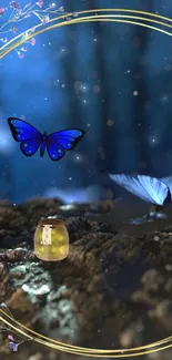 Enchanting forest scene with blue butterflies glowing in a mystical atmosphere.