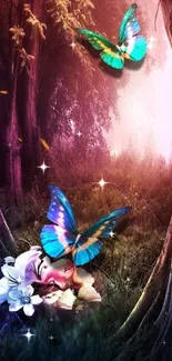 Vibrant butterflies in an enchanting forest wallpaper.