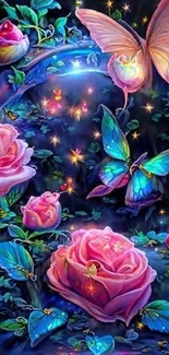 Colorful wallpaper with butterflies and roses in a fantasy garden scene.