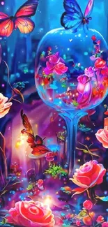 Enchanting wallpaper with butterflies and glowing roses in vibrant colors.