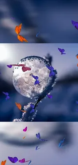 Enchanting ice globe with vibrant butterflies on a blue background.