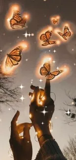 Magical glow of butterflies in twilight with silhouetted hands.