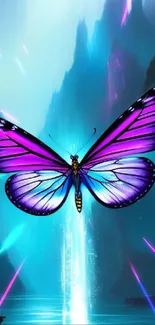 A vibrant purple butterfly against a teal fantasy landscape.