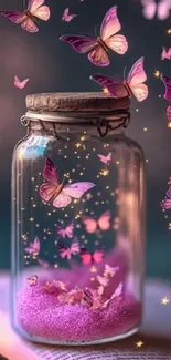 Jar with glowing pastel butterflies, magical vibe.