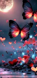 Butterflies flutter under a glowing full moon in a fantasy night scene.