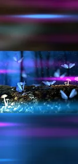 Mystical night scene with glowing butterflies on a dark forest floor.