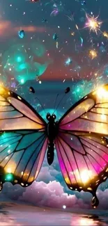 Glowing butterfly with sparkling wings against a night sky backdrop.