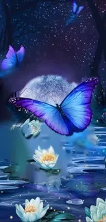 Enchanting blue butterfly in moonlit night with lotus flowers.