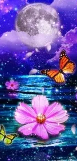 Moonlit night with butterflies over a serene ocean and pink flowers.