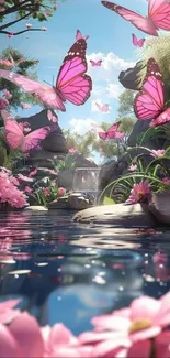 Vibrant pink butterflies in serene garden oasis.