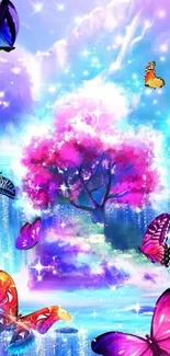 Vibrant butterflies with pink tree in enchanting landscape.