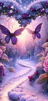 Magical heart arch with roses and butterflies in a mystical glow.