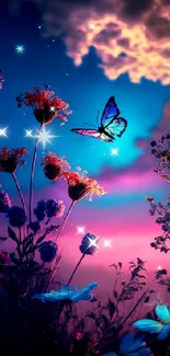 Butterfly in starry sky with vibrant flowers and glowing clouds.