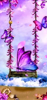 Purple butterfly swing with pink blossoms in a dreamy sky.