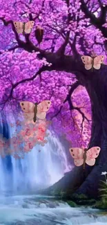 Magical pink tree with butterflies and waterfall.