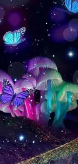 Enchanting wallpaper with glowing mushrooms and vibrant butterflies at night.