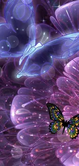 Abstract butterfly and floral art with vibrant purple hues.