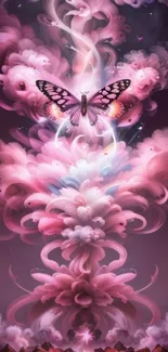 Dreamy pink butterfly with swirling clouds wallpaper.