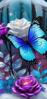 Artistic wallpaper featuring a blue butterfly on vibrant roses.