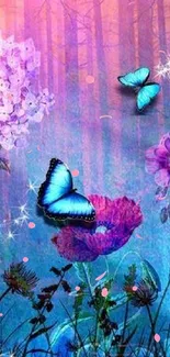 Colorful butterflies with flowers in a magical forest setting.