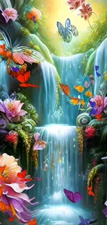 Colorful butterfly and waterfall scene with vibrant floral accents.