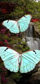 Turquoise butterflies flutter by a scenic waterfall in a lush garden.